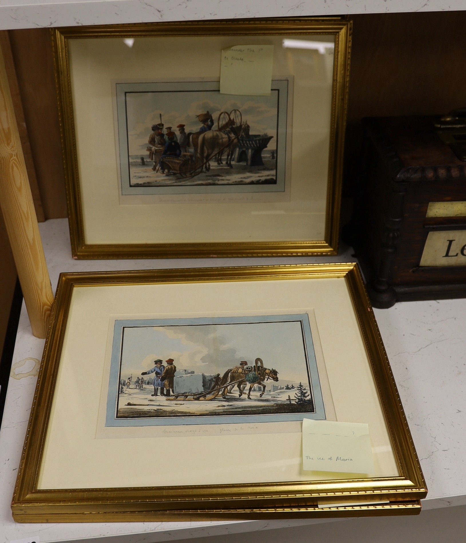 A set of four 19th century French coloured lithographs, Emperor Alexander I and other Russian subjects, 14.5 x 24cm